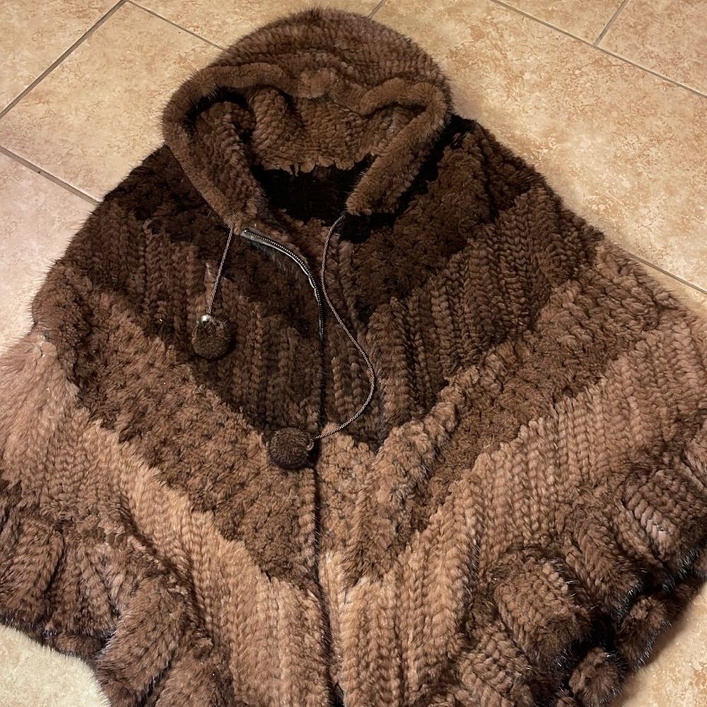 Ombré brown knitted hooded mink poncho (REAL FUR)